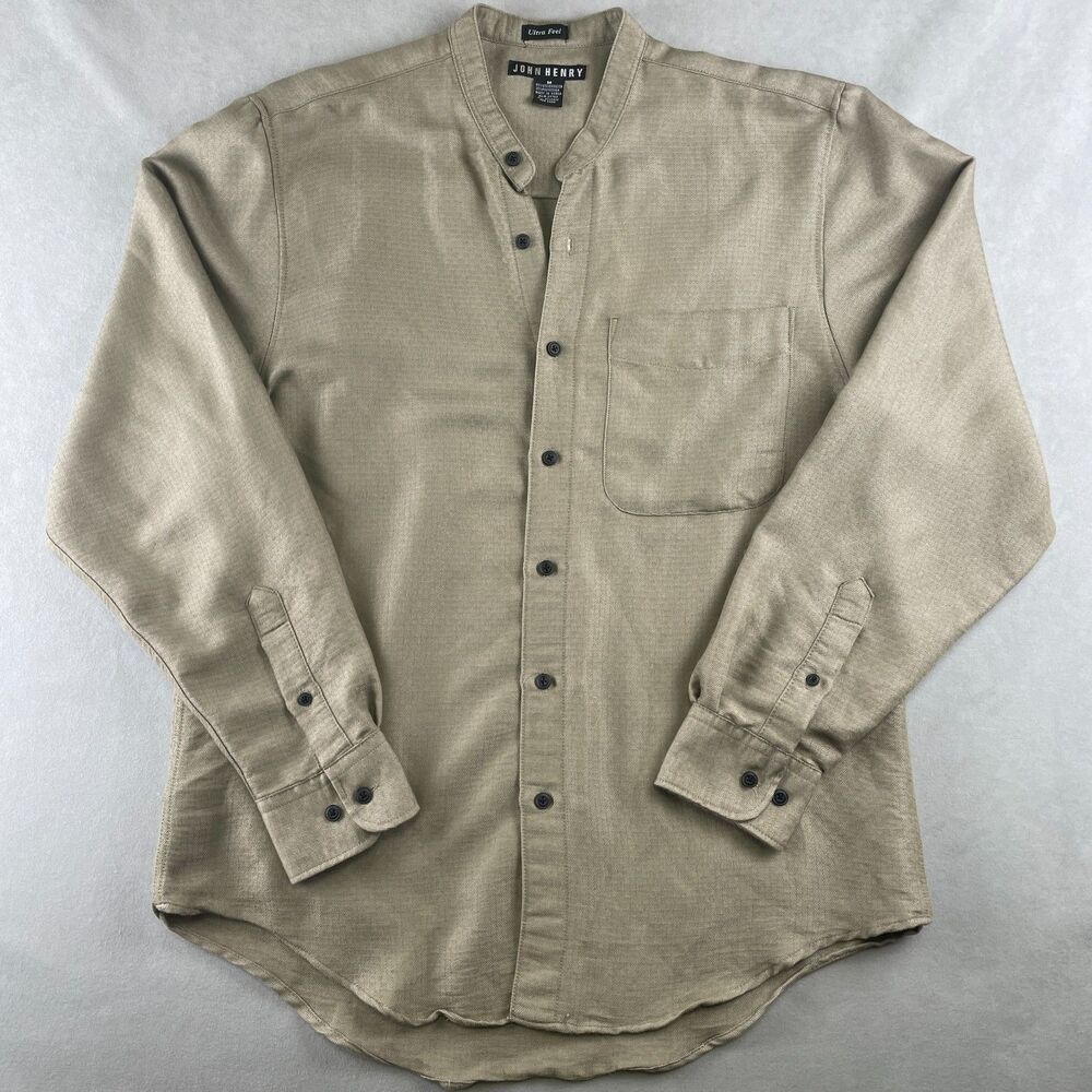 VTG John Henry Shirt Mens‎ M Khaki Ultra Feel Band Collar Long Sleeve Textured